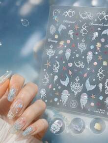 1件 5D夏季奢華海洋貝殼美甲貼紙，漸層極光鮑魚海星海馬美甲裝飾貼花 DIY配件 - 彩色 - 查看 3