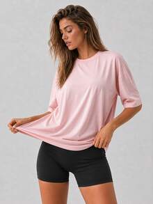 Women's Loose Oversized Drop Shoulder Pink Solid Color T-Shirt Short Sleeve Crew Neck Top Summer Casual Blouse Y2K 2026 Basic Style Sports - Pink - View 4