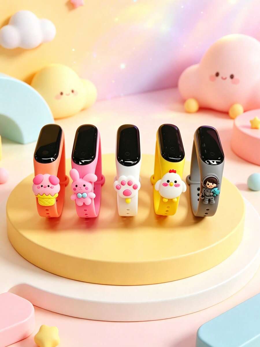 5pcs Kids Favorite LED Touch Screen Electronic Watches With Cute Cartoon Pig, Rabbit, Cat Paw Pendants - 5 Different Pattern Combinations, Soft Skin-Friendly Sports Wristbands, Suitable For Christmas, Children's Day, Birthday Gifts, Daily Wear, School And Sports - Multicolor - View 1