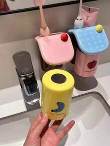 1pc Magnetic Toothbrush Holder & Cup Set, Magnetic Toothbrush Holder, Wall-Mounted Toothbrush & Toothpaste Storage Rack, Easy Installation, Cute Design, Inverted Cup Drainage, Dry And Non-Humid, 3-In-1 Toothbrush, Toothpaste And Cup Storage, Bathroom & Home Organization - Multicolor - View 2