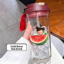 1個/5個 500ml 可愛西瓜女孩印花便攜杯，附吸管與提繩的塑膠水瓶，防漏杯，日系可愛夏季圖案，適合冰咖啡、冷萃咖啡與日常夏季飲品，好朋友生日禮物，西瓜愛好者 - 多色-小人西瓜 - 查看 3