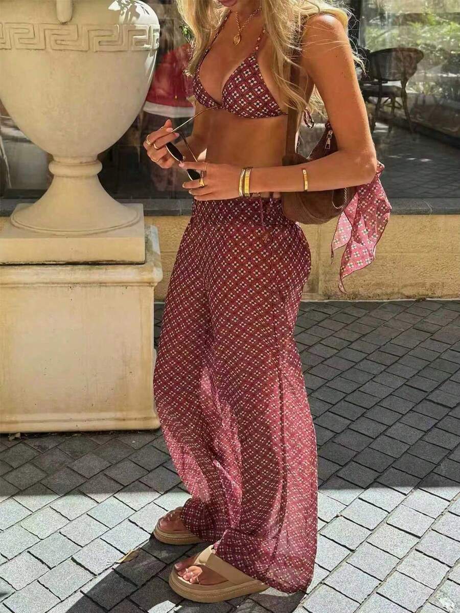 2pcs/Set Women's Bohemian Printed Bikini Set, Halter Design, Tie Waist, Mesh Cover-Up Pants, Spring/Summer Beach Vacation