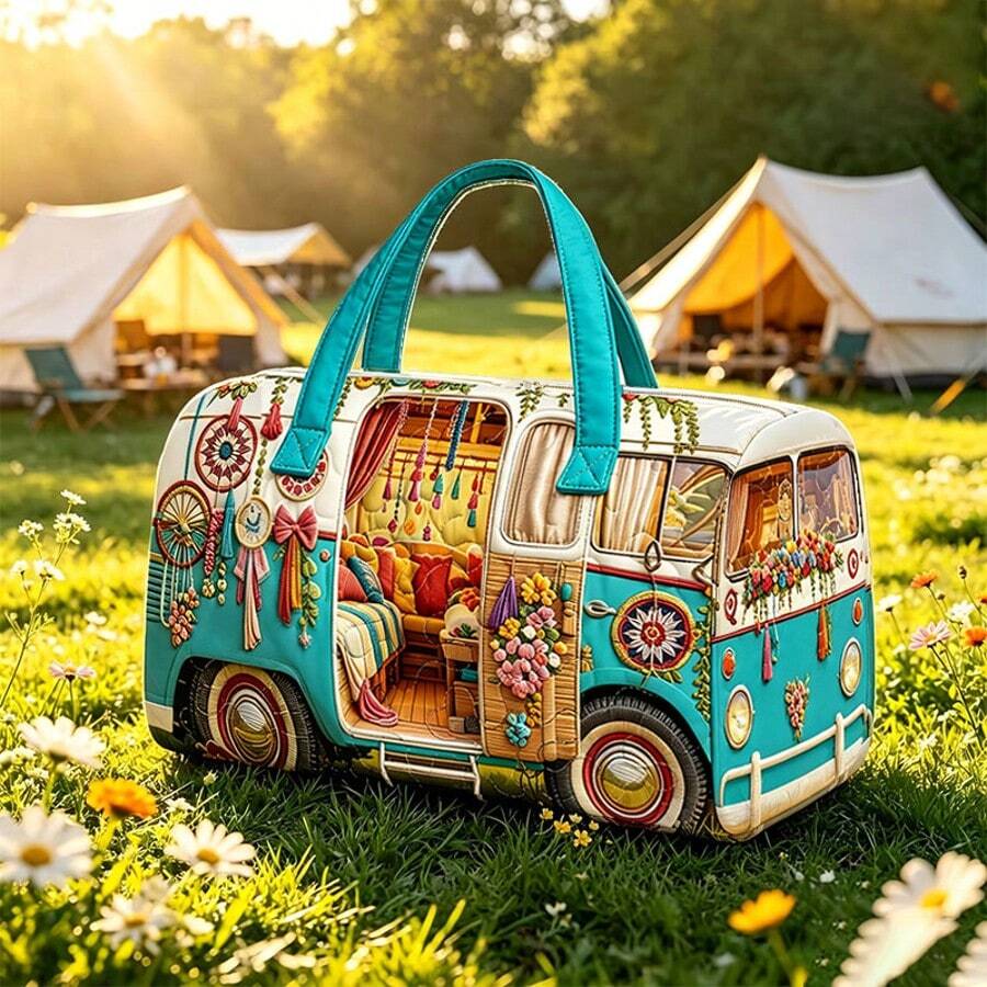 2D Printed Bus Pattern Tote Beach Bag Large Capacity Lightweight Durable, Zipper Handles Travel Duffle Bag For Sports Outdoor Beach Travel Essential - Multicolor - View 1