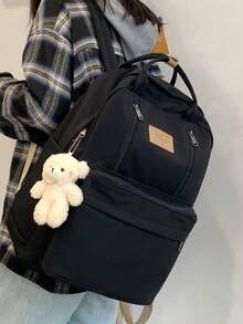 Dedoo Mochila casual, bolso de uso diario, material de nailon de unicolor, múltiples bolsillos con cremallera, asa superior, estilo minimalista, adecuado para estudiantes (colgante no incluido) - Negro - Ver 4
