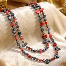 European And American Creative Cross-Border Hot-Selling Bohemian Colorful Shell Glass Multi-Layer Long Necklace Sweater Chain For Women - Gray + Red - View 2