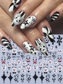 5D Cartoon Clown Nail Sticker 2pcs Black White Funny Clown Expression Star Heart Bow Spiral Line Design DIY Y2K Gothic Autumn Winter Halloween Festival Theme Self-Adhesive Decal Slider Nail Art Decoration Nail Supplies - Multicolor - View 8