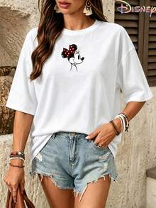 Women's Oversized White T-Shirt, Disney Minnie Mouse Double-Sided Signature Graphic Print, Crew Neck Short Sleeve Casual Tee - White - View 4