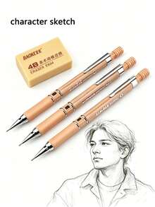 1pc/2pcs Automatic Pencil With Eraser, Wood Grain Design, Durable Lead, Non-Slip Rubber Grip, Office & School Supplies, Suitable For Sketching, Writing, Drawing, Back To School Pencil Set - Other - View 7