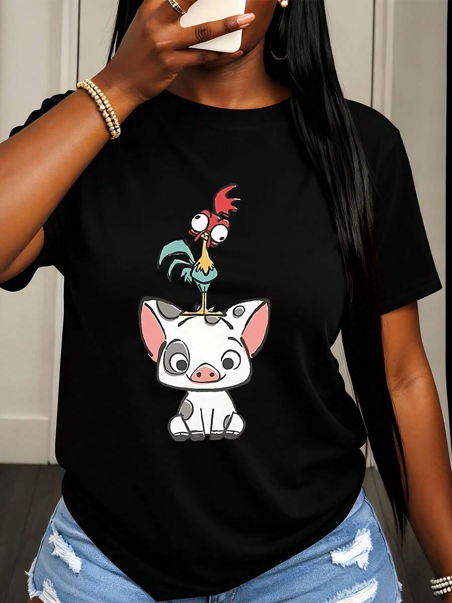Disney Lilo And Stitch Pig And Rooster Print T Shirt Women Casual Summer Fashion Streetwear Style Top - 黑色 - 查看 1