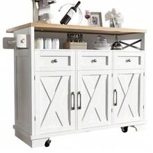 Modern Kitchen Island (118 * 43 * 98 Cm) With Dining Unit And Wood-Effect Serving Cart On Casters, Offering Multifunctional Storage Space, Removable Dividers And A Towel Rack, White. - White - View 6