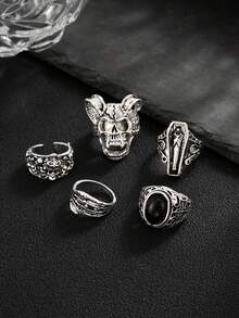 5pcs Punk Style Skull & Gemstone Decorated Ring Set For Men, Party Accessory - Antique Silver - View 2