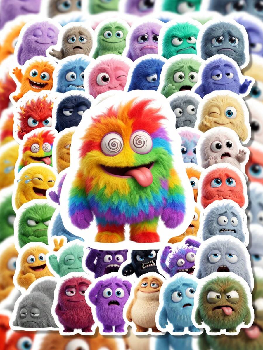 50/100pcs Plush Monster Stickers, Cute Colorful Fuzzy Creature Funny Expression Stickers, Suitable For Planner, Scrapbook, Water Bottle, Notebook DIY And Kawaii Monster Stationery Gifts - 7*6*1 - View 1