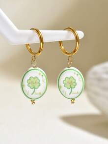 1 Pair Minimalist Gentle Style Oval Hand-Painted Floral Earrings For Women, Vacation, Casual, Travel Wear - Multicolor - View 6