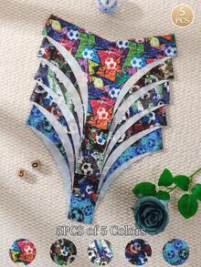 Set de 5 piezas | Tanga para mujer con estampado total de bloques de color estilo graffiti de fútbol callejero, corte ajustado sin costuras, tela suave como nube, lisa y ajustado, borde con dobladillo sin enrollar, esencial para el outfit diario de chica con estilo personalizado - Multicolor - Ver 3