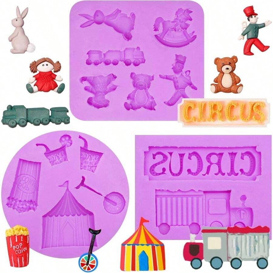 - Juego de moldes de silicona con temtica de circo, molde de silicona para decoracin de pasteles de payaso con moldes de fondant, diseos de tienda, kit de decoracin de pasteles y fundicin - púrpura (NF291) - Ver 1