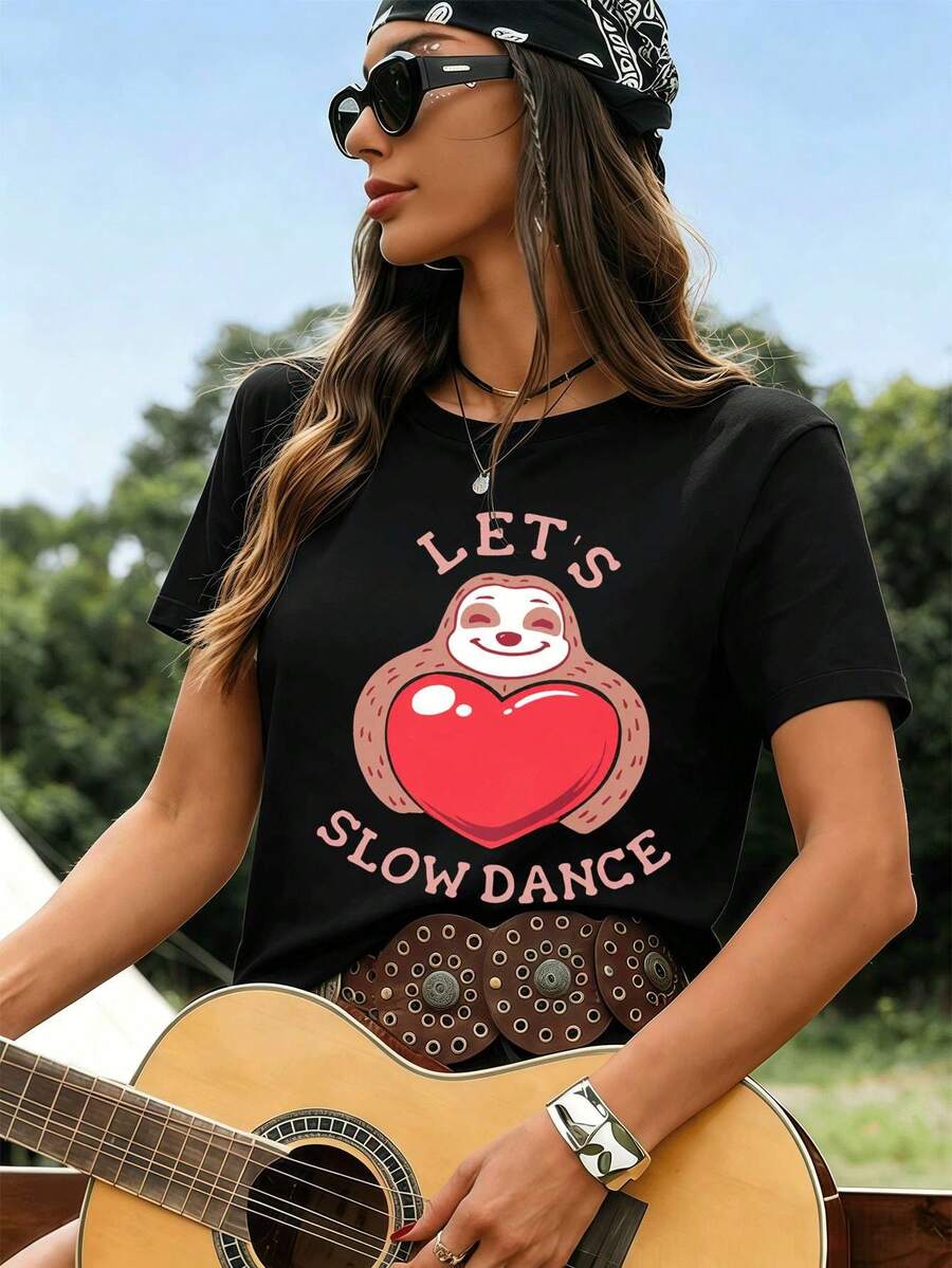 Niedliches Faultier-Herz-T-Shirt für Damen, Herbst, Hochwertiger Stoff, Statement-Print, L?ssig, Atmungsaktiv, Neuerscheinung - Schwarz - Übersicht 1