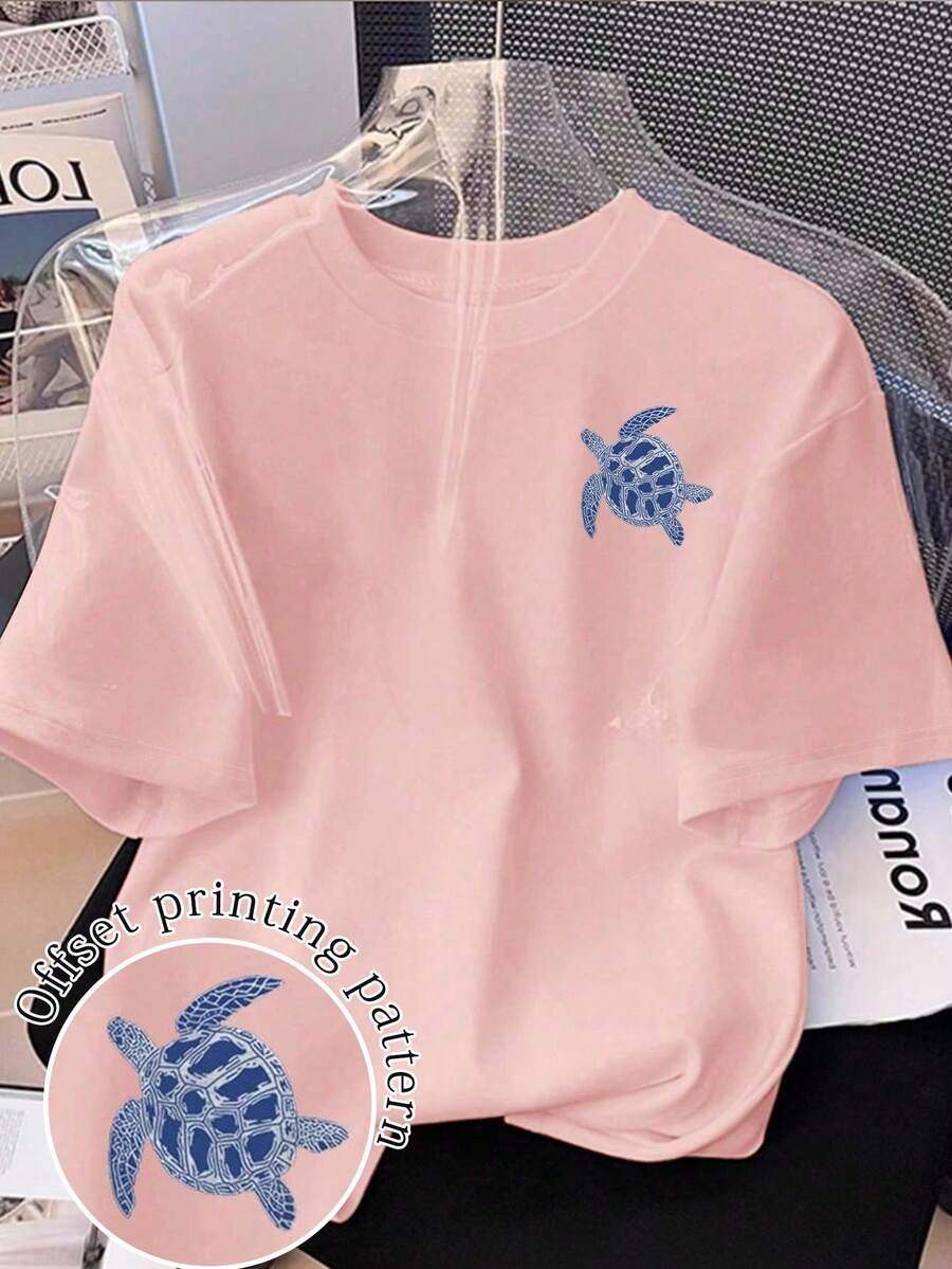 Bow Print Loose Short Sleeve T-Shirt, Spring/Summer Casual - Baby Pink - View 1