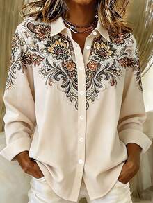 Vintage Western Print Women's Plus Size Lightweight Long Sleeve Button-Down Shirt - Apricot - View 2