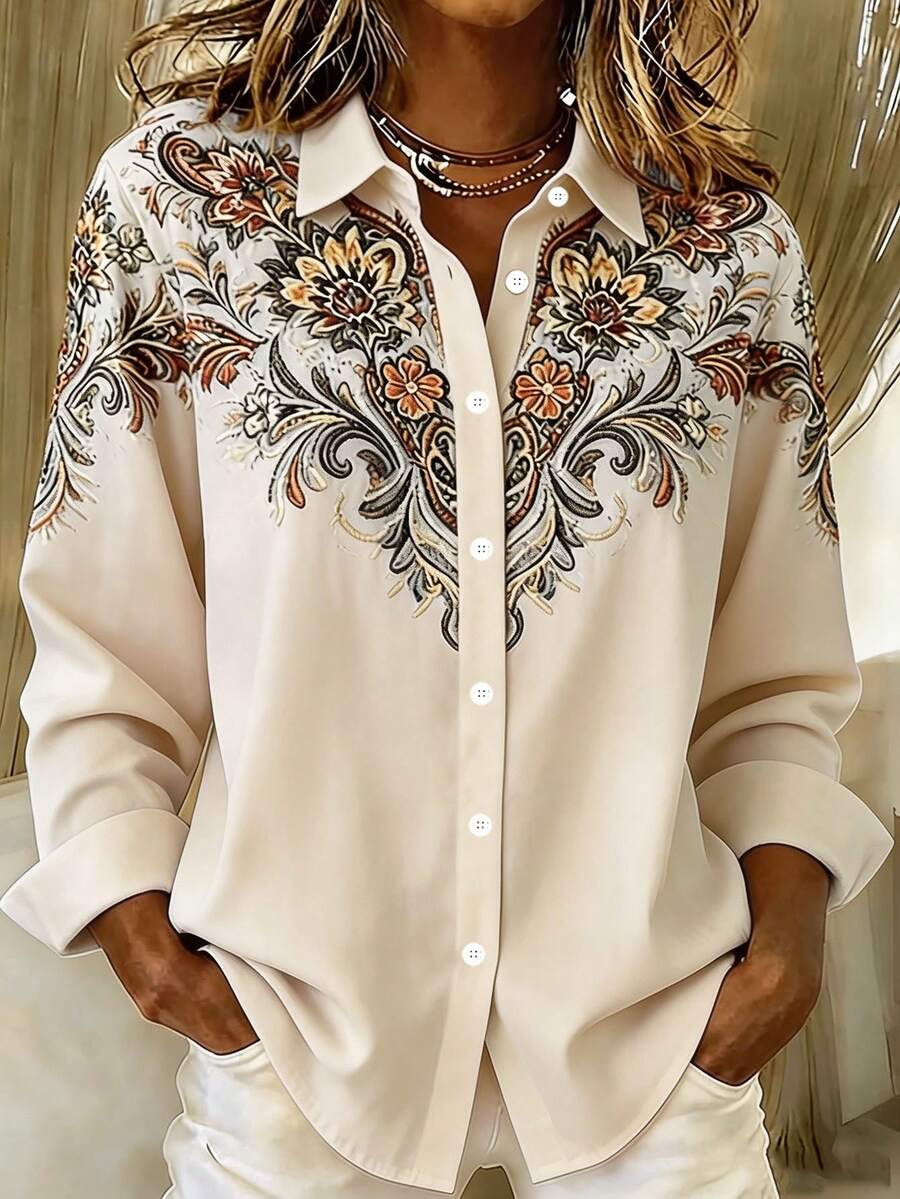 Vintage Western Print Women's Plus Size Lightweight Long Sleeve Button-Down Shirt