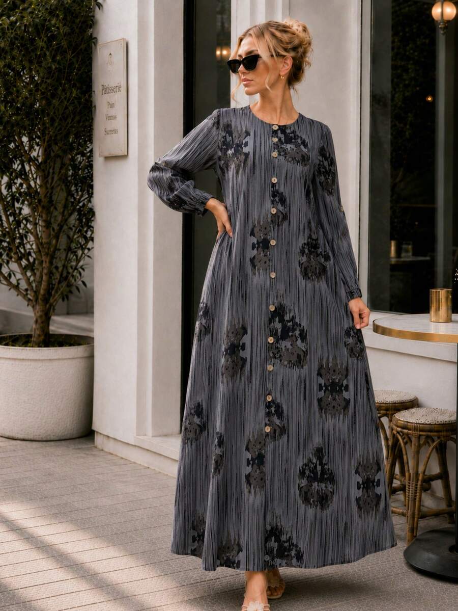 Plus Size Printed Maxi Dress For Women Long Sleeve Button Down Bohemian Casual Dress With Pockets - Grey - View 1