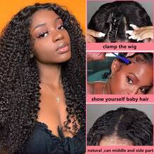V Part Wigs Minimal Leave Out Upgrade U Part Kinky Curly Human Hair Wigs For Women Glueless Wear and Go Clip In Half Curly V Shape Wig 180% Density Natural Color 14-22 Inch - Natural Black - Übersicht 4