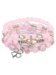 3er/Set mehrschichtige böhmische elastische Armbänder, modische Vierblattkleeblatt rosa Perlen süßer Schmuck - Pink - Übersicht 4