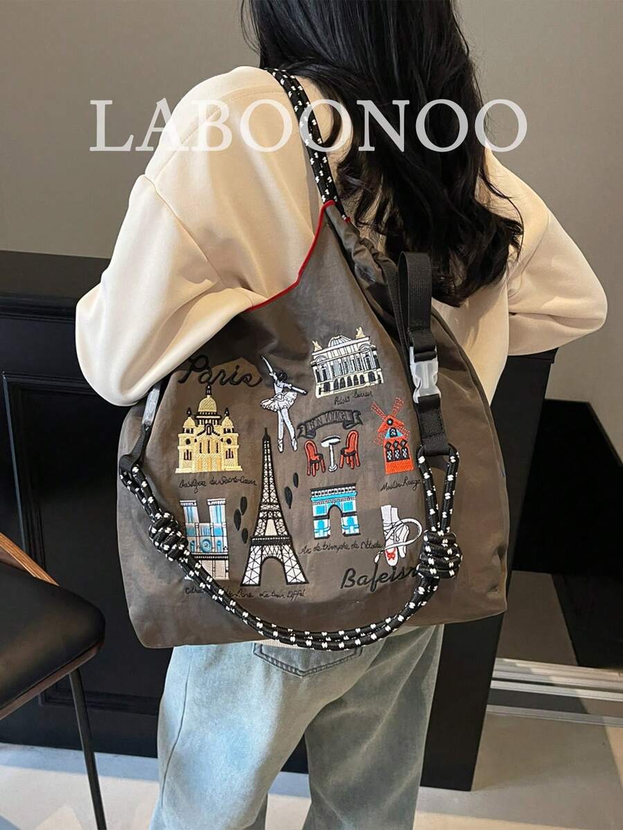 Women's Handbag, Large Capacity Waterproof Canvas Embroidered Tote Bag, Personalized Pattern Portable Shoulder Tote Bag, Bags For Ladies Fashionable - Grey - View 1