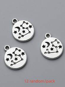 12pcs Random Assorted 12 Zodiac Signs Alloy Pendants DIY Handmade Jewelry Accessories, Astrological Star Moon Round Charms, Vintage Silver-Tone Pendants For Bracelets, Necklaces, Keychains - Multicolor - View 23
