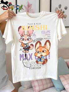 Disney Zootopia Kids T-Shirt, Judy Hopps & Nick Wilde "Kimshi" Music Retro Graphic Tee, White Short Sleeve For Girls - 白色 - 查看 3