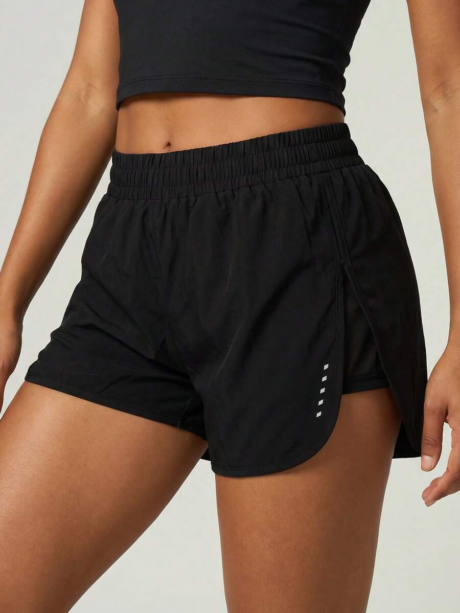 UONNOU 1pc Spring/Summer Women's Casual Shorts, Soft & Comfortable Fabric, Side Slit Mesh Design, Quick-Dry Sports - Black - View 1