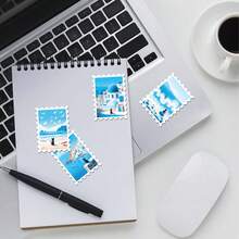 36pcs Mediterranean Blue Summer Stickers Pack | Aesthetic Santorini Ocean Village Scene With Black Cat Graphics | Vinyl For Journaling & Scrapbooking - Rectangle - View 8
