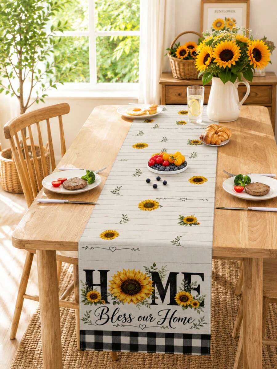1 pieza Camino de mesa con patrón de girasol a cuadros amarillo & blanco, estilo campestre, decoración del hogar y cocina, 1 pieza camino de mesa, 4 piezas manteles individuales, 1 pieza funda de almohada, juego de camino de mesa & manteles individuales, múltiples combinaciones de productos disponibles, decoración del hogar suministros para fiestas interiores & exteriores, decoración de habitación. Adecuado para decoración del hogar y cocina en primavera & verano y decoración de fiestas - Multicolor - Ver 1