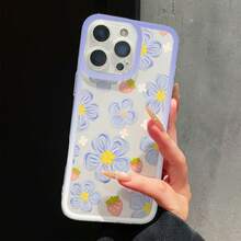 1pc Fashionable Light Purple & White Border Fresh Strawberry Purple Floral Pattern Transparent Phone Case, Glossy Painted Print, Smooth Surface, Compatible With IPhone 17 16 15 14 13 12 11 Pro Max/ S25 Ultra S24 Ultra S23 Ultra, Anti-Drop Anti-Fingerprint - Clear - View 5