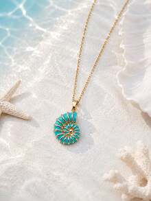 1pc Elegant Stainless Steel 18K Gold Plated Ocean Style Drip Oil Spiral Vortex Inspired Pendant Necklace, Summer Bohemian Style Jewelry - Beach Vacation, Classic Design, Suitable For Parties And Banquets, Unisex Valentine's Day Birthday Gift - Multicolor - View 12