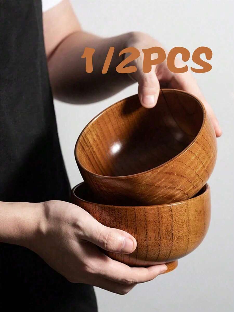 OBOVAY 1/2pcs Japanese Minimalist Solid Wood Grain Bowl, Large Capacity Wooden Soup/Noodle Bowl, Made Of Pure Wood With Slight Variations In Wood Grain - Multicolor - View 1