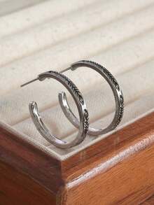 1 Pair Bohemian Style Textured Silver Round Hoop Earrings For Women, Vintage Leaf Carved Half-Hoop Earrings, Minimalist Retro Fashion Earrings - Antique Silver - View 3