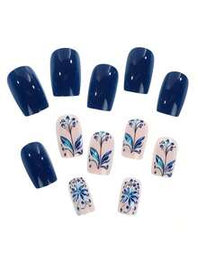 24pcs Medium European Square Fake Nails, Royal Blue And Silver Floral Contrast, Elegant And Exquisite, Brightening And Skin-Flattering, Full Coverage Removable Women's Manicure Set, Suitable For Parties, Balls And Daily Wear - Blue - View 5