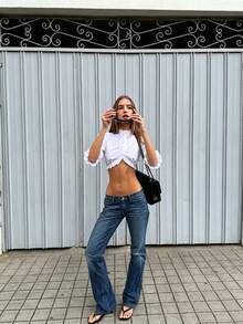 Women's Spring/Summer French Style White Ruffle Trim Stand Collar Puff Mid-Sleeve Ruched Waist Cropped Long Sleeve Blouse, Suitable For Outdoor, Vacation, Date, Daily, Party And Other Occasions - White - View 5