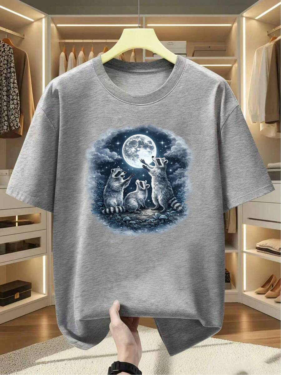 Men's Plus Size T-Shirt 100% Cotton With Print Of Three Raccoons Looking At The Full Moon, Round Neck, Short Sleeve, Comfortable And Casual T-Shirt For Summer. - 灰色 - 查看 1