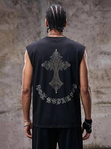 Skyrend Men's Casual Cross & Letter Rhinestone Decor Tank Top, Summeremo Gothic Punk Streetwear For Emo Boy - Black - View 1