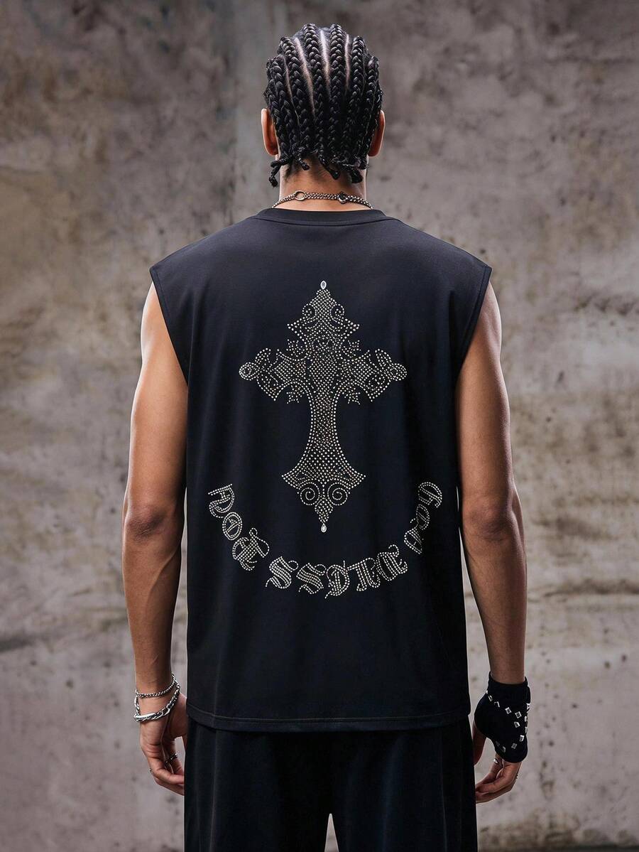 Skyrend Men's Casual Cross & Letter Rhinestone Decor Tank Top, Summeremo Gothic Punk Streetwear For Emo Boy - Black - View 1
