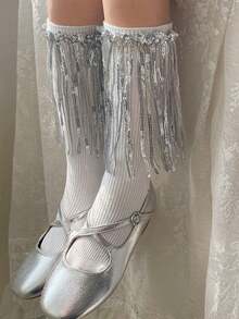 1 Pair Of Girls' Tassel Dance Socks – Sequined Tassel Mid-Calf Socks; Stylish, Versatile, And Suitable For All Seasons, Socks For Girls, Girls Socks - Multicolor - View 4