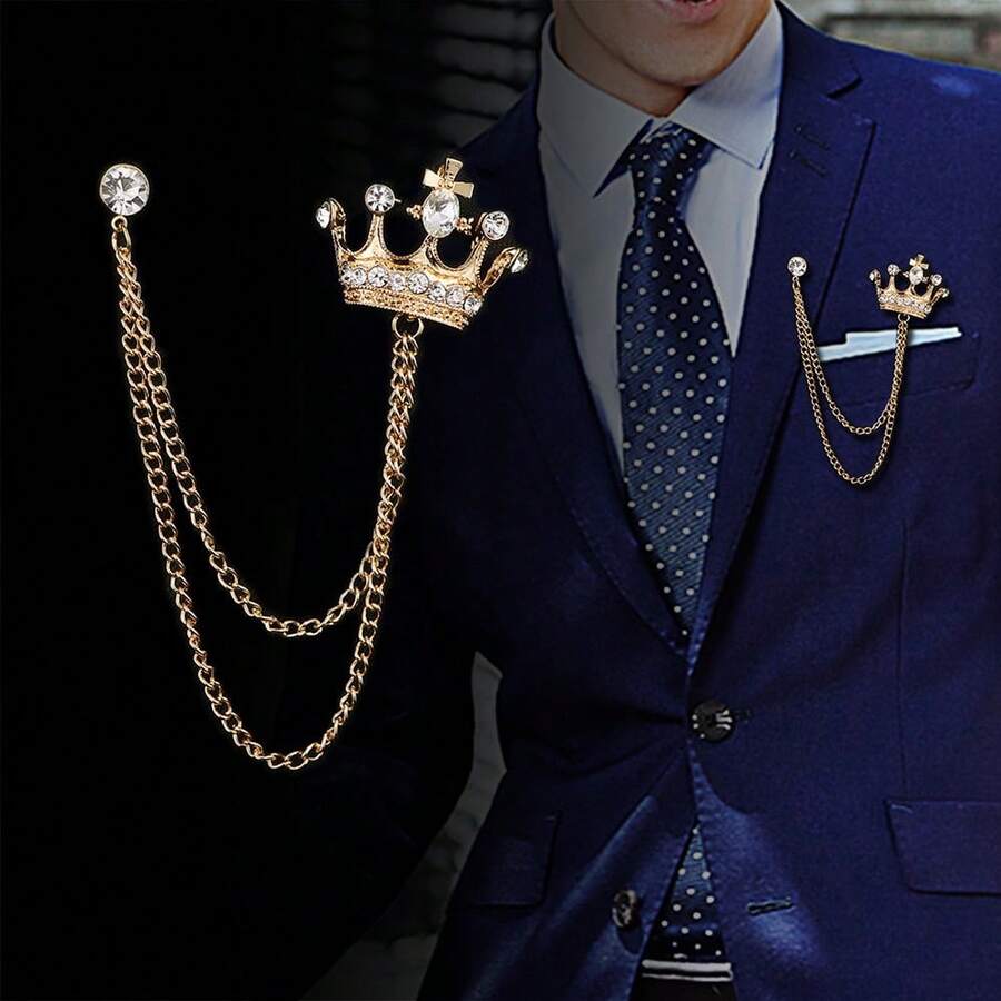Premium Men's Brooch British Style Suit Chain Pin Diamond Crown Badge Vintage Corsage - Multicolor - View 1