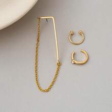 3Pcs Minimalist Geometric Chain Ear Cuff & Huggie Hoop Earring Set, Gold Triangle Chain Wrap Earring With Crystal Tiny Hoops, Dainty No Piercing Women - Multicolor - View 6
