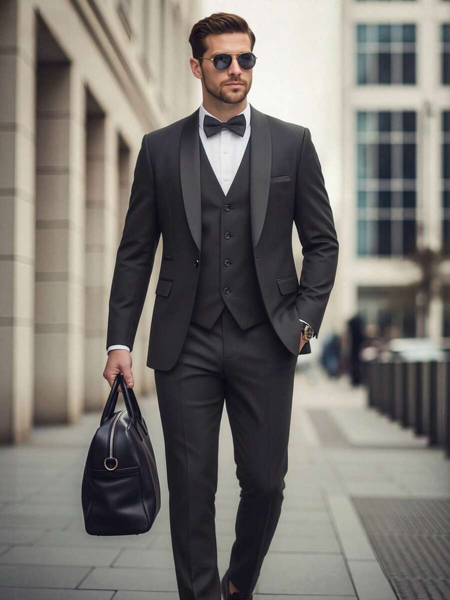 Men's Slim Fit 3 PiecesBusiness Formal Suit Set, Tuxedo Jacket, Pants And Vest For Social Events, Prom, Groom Wedding