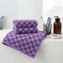 1pc 34cm*74cm/Bath Towel 70cm*140cm/2pcs (34cm*74cm+70cm*140cm) Coral Fleece Checkerboard Pattern Thickened Super Absorbent Non-Shedding Soft Skin-Friendly Hanging Outdoor Fitness Home Face Body Bath Wrap Ideal Bathroom Towel - Purple - View 3