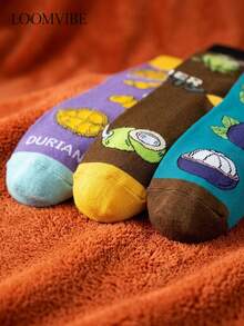3 Pairs Unisex Tropical Durian Coconut Mangosteen Fruit Cartoon Jacquard Mid-Calf Socks, Sweat-Absorbing Odor-Resistant Anti-Slip Durable, Colorful Contrast Fresh Summer Casual Mid-Calf Socks, Suitable For Daily Commute, Summer Outfits, Fruit Lover Fun Gift - Multicolor - View 4