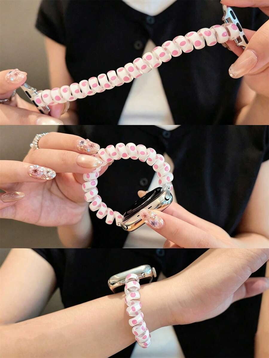 時尚可愛波點星星圖案彈性髮圈式錶帶，適用 42mm 46mm 38mm 40mm 41mm 44mm 45mm 49mm，創意電話線設計，透氣輕量腕帶，相容 Series 11 10 9 8 7 6 5 4 3 2 1 Ultra 2 SE，簡約甜美女孩錶帶，女孩禮物