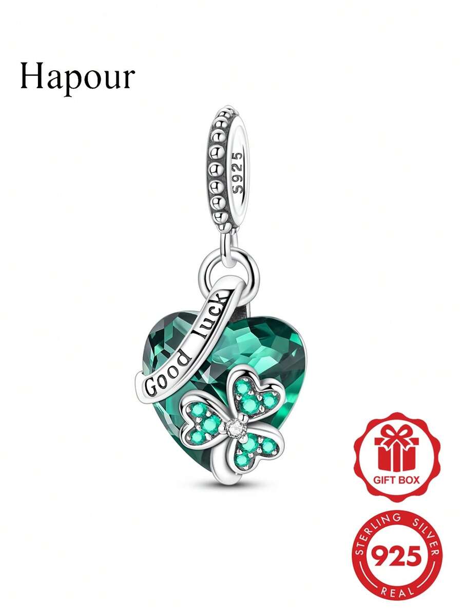 925 Sterling Silver Charm Pendant, Original Design Lucky Four-Leaf Clover Inlaid With Sphine Cubic Zirconia, Women's Gift, Fits Bracelet DIY Making - Silver - View 1