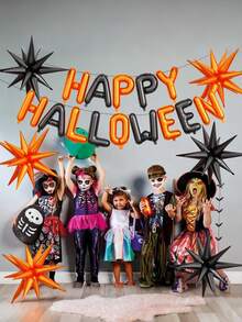 1組 Happy Halloween 氣球橫幅 40.64cm，Happy Halloween 3D蝙蝠鋁箔氣球 55.88cm，6顆黑色與橘色星星鋁箔氣球，適用牆面裝飾、居家、戶外、室內、生日派對佈置 - 彩色 - 查看 6